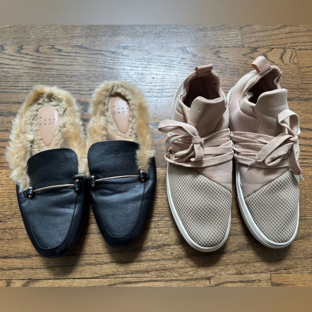 Women’s slip on shoe set: Taupe sneakers and black fur-lined mules, size 9